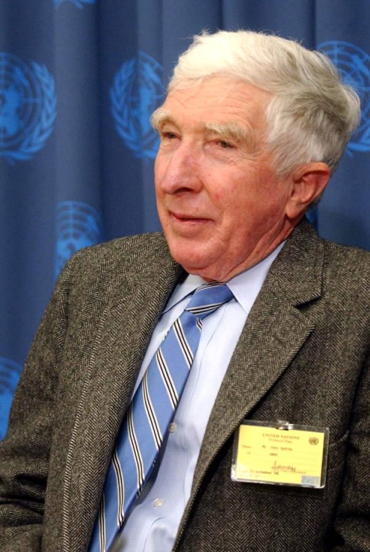 Author John Updike meets with United Nations media on Nov. 30, 2004 to discuss his and other authors work for a collection of short stories titled "Telling Tales" Profits from the published work will benefit HIV/AIDS victims in South Africa. (UPI Photo/Ezio Petersen)