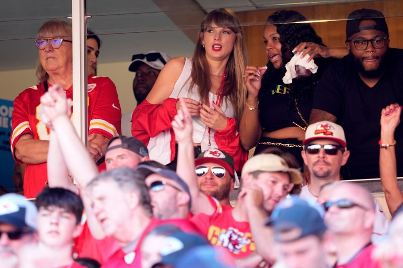 Taylor Swift watches next to Donna Kelce in the second quarter as the Kansas City Chiefs play the Chicago Bears at Arrowhead Stadium in Kansas City, Mo., on Sunday. Photo by Jon Robichaud/UPI
