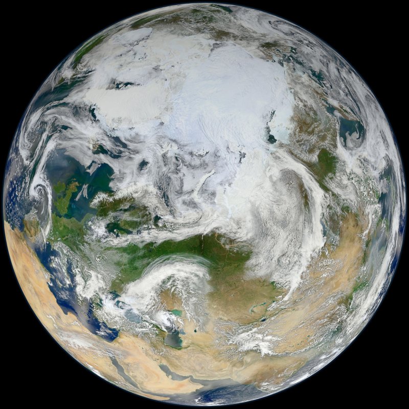 This undated NASA image taken by Fifteen orbits of the recently launched Suomi NPP satellite shows a synthesized view of Earth showing the Arctic, Europe, and Asia, June 26, 2012. UPI/NASA