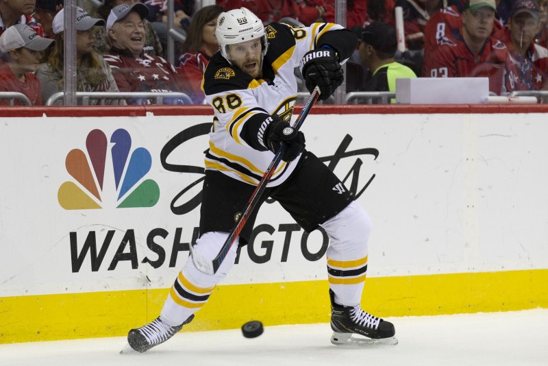 Boston Bruins right wing David Pastrnak (88) looks for a pass during the game between the Bruins and Washington Capitals on October 3 at Capital One Arena in Washington, D.C. Photo by Alex Edelman/UPI