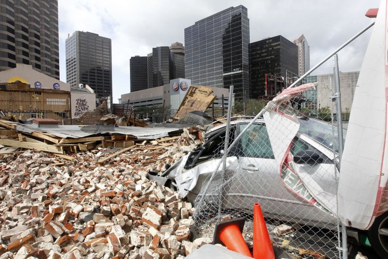 A building in downtown New Orleans was destroyed by Hurricane Ida. Power was out across the city Monday. Photo by AJ Sisco/UPI | <a href="/News_Photos/lp/87eec4f949e1549ecc52856097c30156/" target="_blank">License Photo</a>