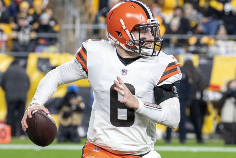 Cleveland Browns quarterback Baker Mayfield scrambles to the right in the second quarter against the Pittsburgh Steelers on Monday at Heinz Field in Pittsburgh. Photo by Archie Carpenter/UPI | <a href="/News_Photos/lp/aa894dd64d2412765556d67b7a562f23/" target="_blank">License Photo</a>