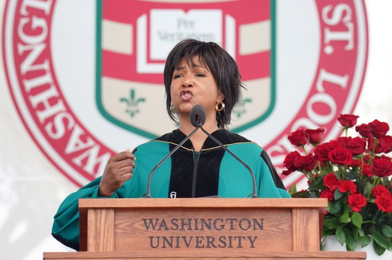 Mae C. Jemison makes her remarks during commencement ceremonies at Washington University in St. Louis on May 20. As a NASA astronaut aboard the space shuttle Endeavour on September 12, 1992, Jemison became the first woman of color to travel into space. File Photo by Bill Greenblatt/UPI