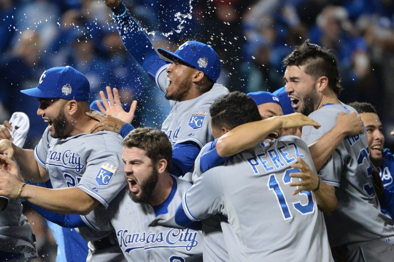 Members of the Kansas City Royals celebrate as they win the World Series defeating the New York Mets 7-2 in game 5 at Citi Field in New York City on November 2, 2015. The Royals won the series 4 games to 1. Photo by Pat Benic/UPI