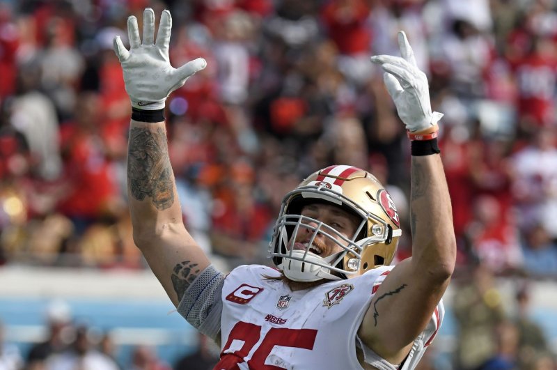 San Francisco 49ers tight end George Kittle celebrates a touchdown reception against the Jacksonville Jaguars on Sunday at TIAA Bank Field in Jacksonville, Fla. Photo by Joe Marino/UPI