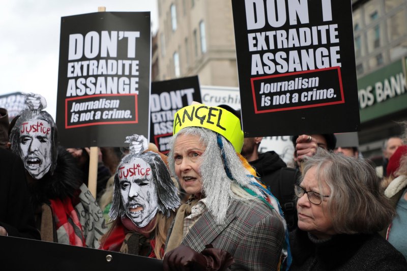 Fashion designer Vivienne Westwood poses with a group of activists fighting to stop the extradition of Julian Assange to the United States for committing espionage charges against the American government in February 2020 in London. File Photo by Hugo Philpott/UPI