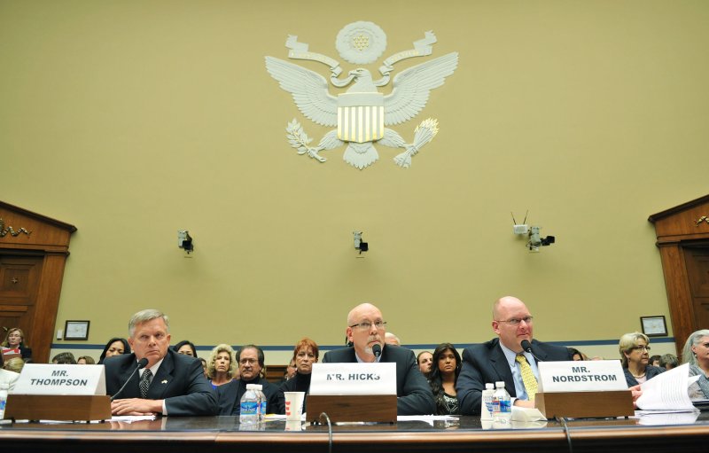From left to right, Mark Thompson, Acting Deputy Assistant Secretary for Counterterrorism at the Department of State, Gregory Hicks, Foreign Service Officer and former Deputy Chief of Mission in Libya, and Eric Nordstrom, Diplomatic Security Officer and former Regional Security Officer in Libya, testify during a House Oversight and Governmental Reform Committee hearing on the terrorist attacks on the diplomatic compound in Benghazi, on Capitol Hill on May 8, 2013 in Washington, D.C. UPI/Kevin Dietsch
