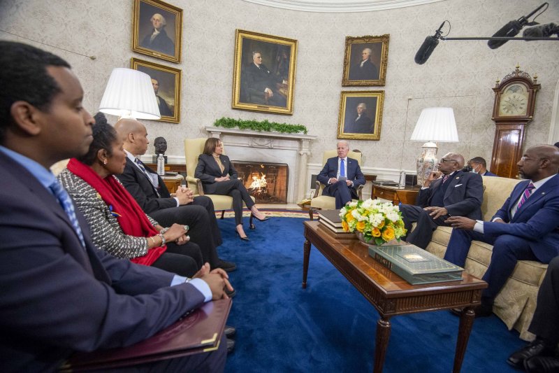 President Joe Biden meets with members of the Congressional Black Caucus in the Oval Office of the White House in Washington on Thursday. The meeting comes a day after the funeral of Tyre Nichols, a Black man killed during a traffic stop in Memphis. Photo by Bonnie Cash/UPI