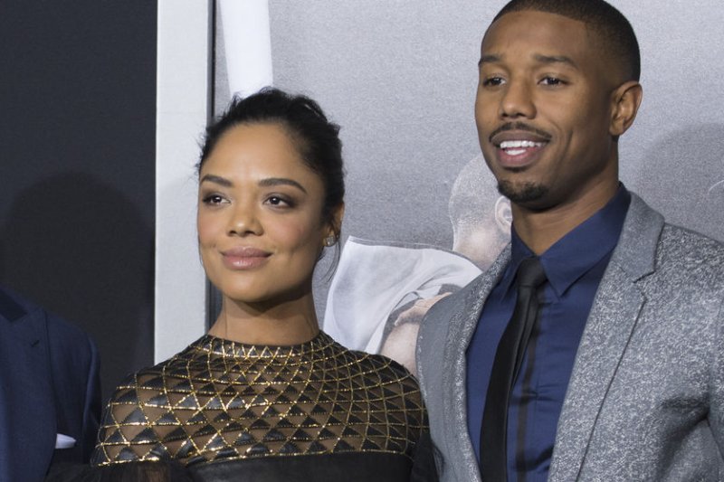 Tessa Thompson and Michael B. Jordan attend the premiere of the film "Creed" held at the Regency Village Theatre in the Westwood area of Los Angeles on Nov. 19. Photo by Phil McCarten/UPI