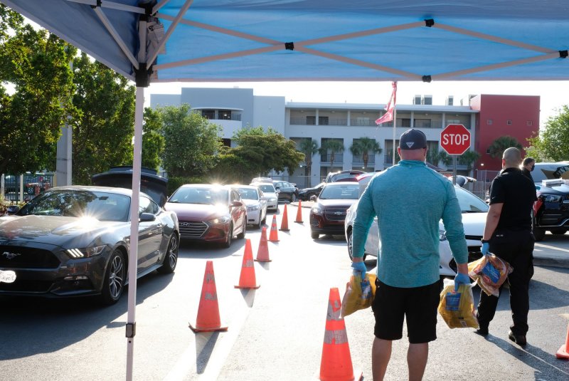 Vehicles line up for a drive-thru food distribution sponsored by Master Academy Charter Middle/High School to assist in feeding residents of Hialeah Gardens during the COVID-19 pandemic in Florida on May 8, 2020. File Photo By Gary I Rothstein/UPI