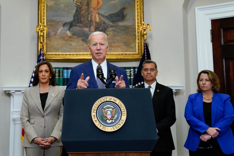 President Joe Biden speaks at the White House on Friday about an executive order that takes several steps toward protecting legalized abortion and contraception. Photo by Yuri Gripas/UPI | <a href="/News_Photos/lp/76c119db5a38188034b48c5870d67e17/" target="_blank">License Photo</a>