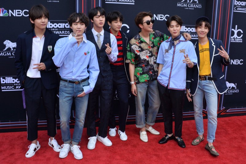 BTS member Jin (third from left) penned a sweet, handwritten letter to fans on his 26th birthday. File Photo by Jim Ruymen/UPI