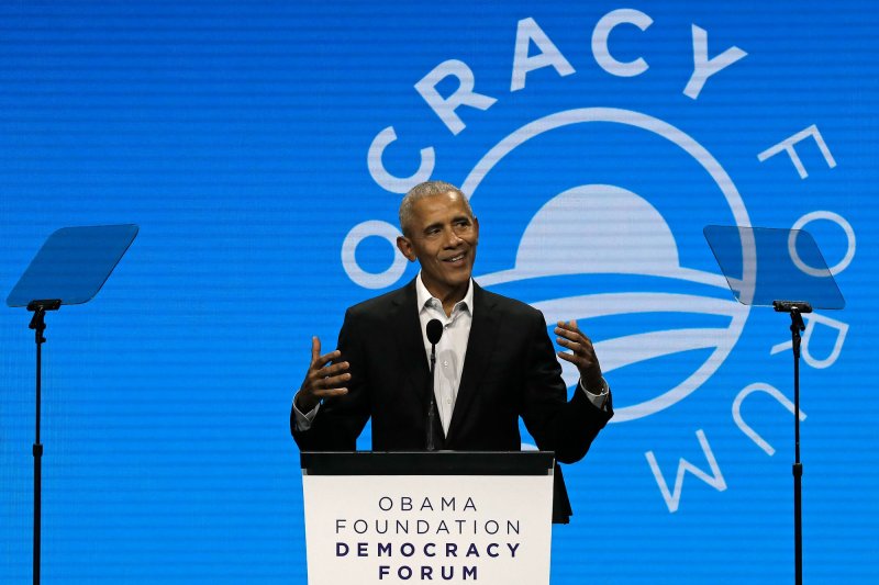 Former US President Barack Obama speaks at the Obama Foundation Democracy Forum Thursday, in New York City. Obama says the midterm elections offer hope for democracy, with a majority of voters "thumping" anti-democratic election deniers. Photo by Peter Foley/UPI