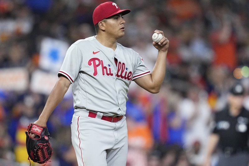 Philadelphia Phillies pitcher Ranger Suarez will start Game 3 of the World Series on Tuesday in Philadelphia. File Photo by Kevin M. Cox/UPI | <a href="/News_Photos/lp/f7e12045993facca5fb1118545b86c01/" target="_blank">License Photo</a>