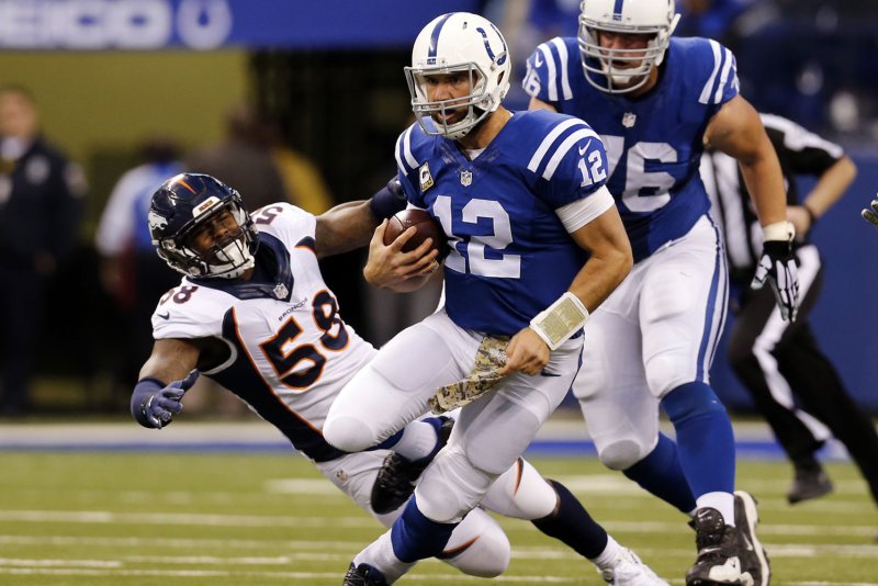 Indianapolis Colts quarterback Andrew Luck (12) fights to break free from Denver Broncos' Von Miller (58) during the second half of play at Lucas Oil Stadium in Indianapolis, Indiana, November 8, 2015. Photo by John Sommers II/UPI