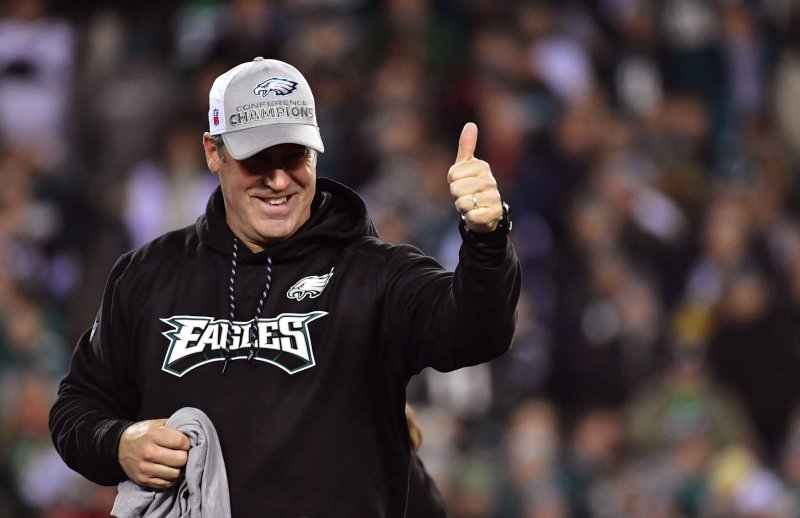 Philadelphia Eagles coach Doug Pederson celebrates after the Eagles defeated the Minnesota Vikings 38-7 to win the NFC Championship at Lincoln Financial Field in Philadelphia on Jan. 21. The Eagles will face the New England Patriots in Super Bowl LII. Photo by Kevin Dietsch/UPI