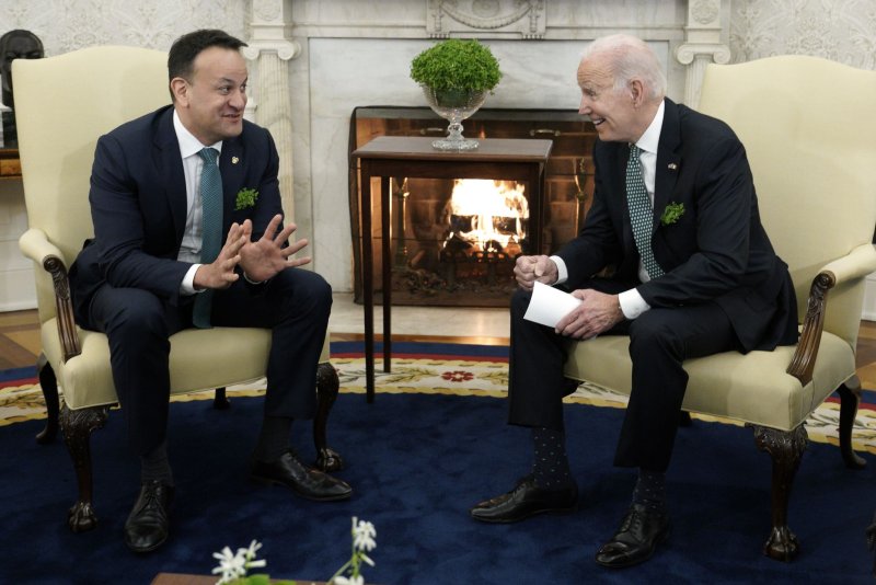 U.S. President Joe Biden meets with Irish Prime Minister Leo Varadkar in the Oval Office on Thursday, where the two men spoke about a range of world issues from Northern Ireland to Ukraine. Photo by Yuri Gripas/UPI