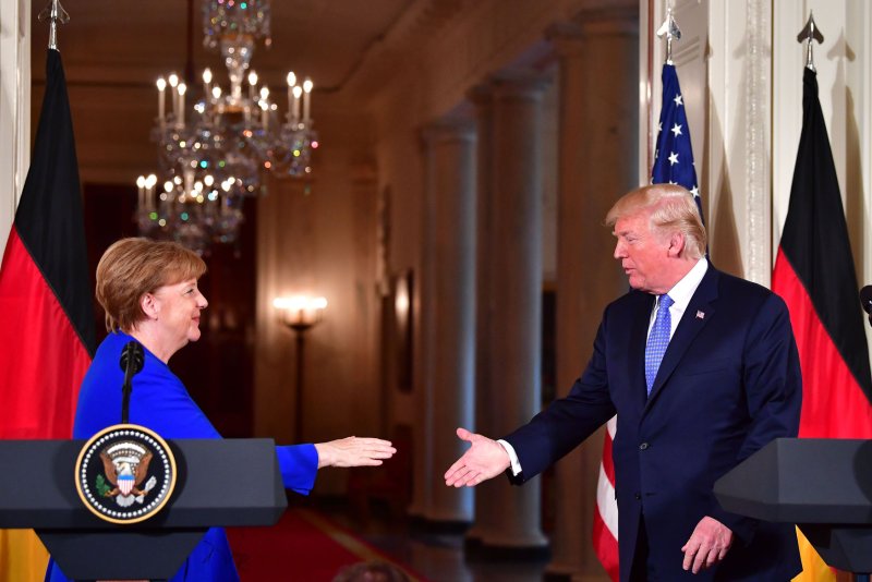 German Chancellor Angela Merkel visits U.S. President Donald Trump in Washington last week to talk about the Iran nuclear deal. Photo by Kevin Dietsch/UPI