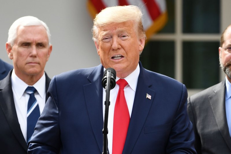 President Donald Trump declares a national emergency due to the coronavirus pandemic during a news conference at the White House on Friday. Photo by Kevin Dietsch/UPI