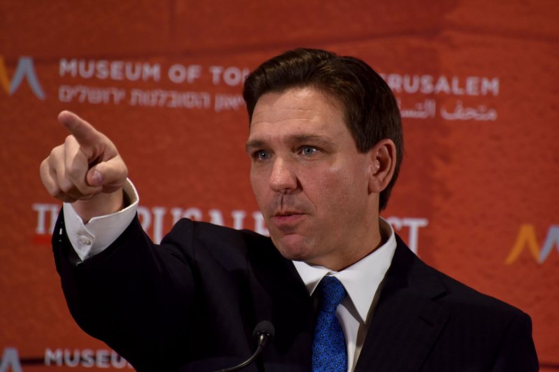 Florida Governor Ron DeSantis speaks to the media at a conference for Israel's 75th anniversary titled "Celebrate the Faces of Israel" at the Museum of Tolerance in Jerusalem, on April 27. File Photo by Debbie Hill/ UPI