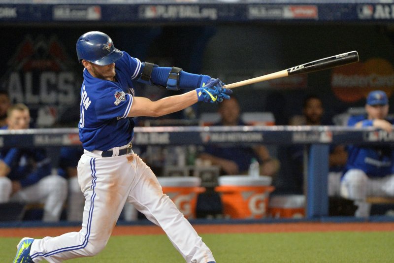 Toronto Blue Jays' Josh Donaldson hits a base hit. File photo by Kevin Dietsch/UPI