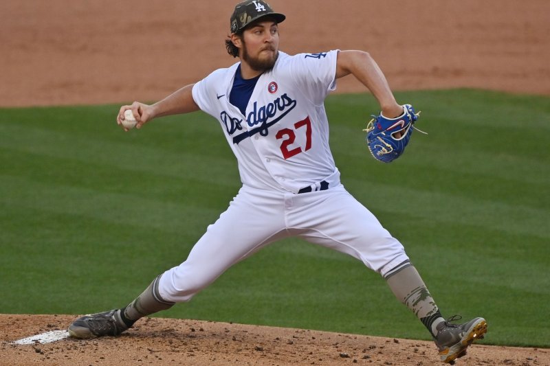 Los Angeles Dodgers starting pitcher Trevor Bauer was placed on paid administrative leave by MLB in July, due to sexual assault allegations he faced, and did not return for the rest of the season. File Photo by Jim Ruymen/UPI
