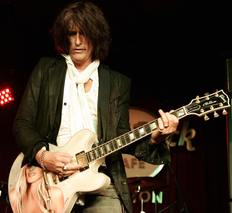 Joe Perry of the band Aerosmith performs with his two sons Tony Perry and Adrian Perry (not pictured) and their group Tab the Band at Hard Rock Cafe in Boston, Massachusetts on Feburary 29, 2008. (UPI Photo/Matthew Healey)