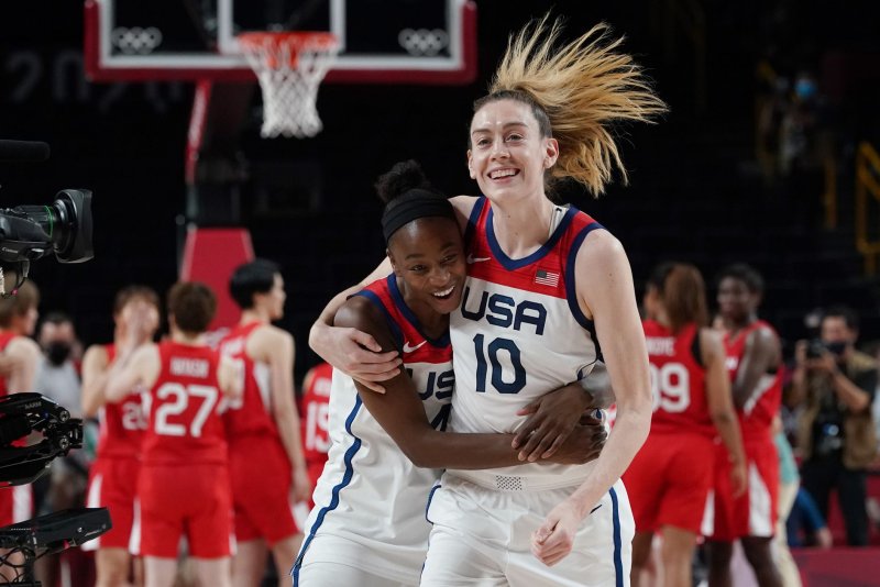 Breanna Stewart (10), who won two NBA titles, two Olympic gold medals and four NCAA championships, will sign with the New York Liberty. File Photo by Richard Ellis/UPI
