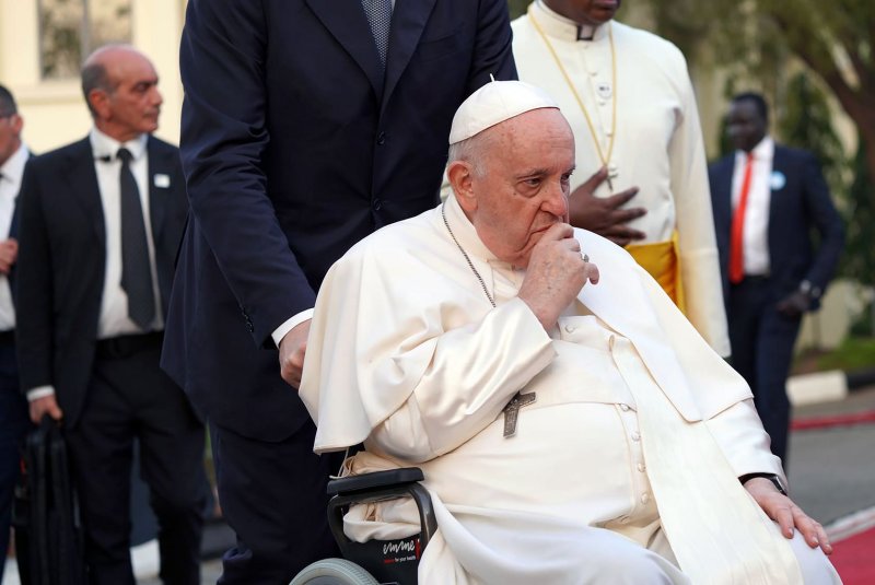 Pope Francis, underwent a medical visit at Gemelli Hospital in Rome on Wednesday, a Vatican spokesman said. File Photo by South Sudan Presidency Press Office/UPI