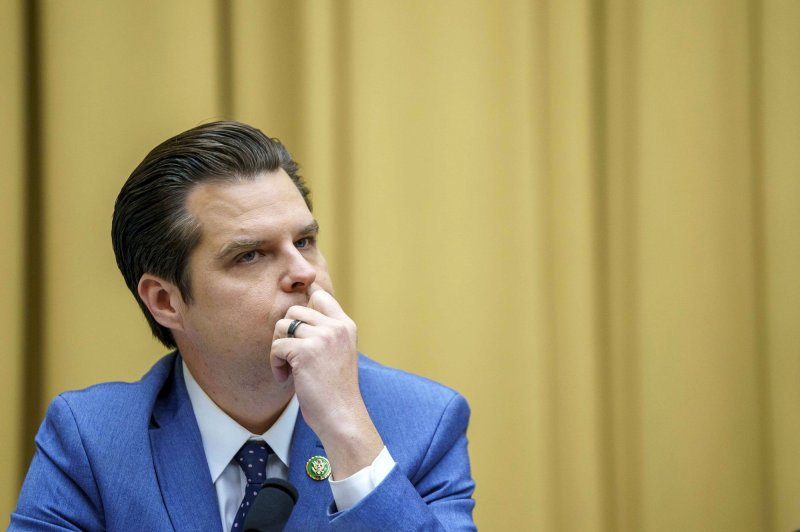 Rep. Matt Gaetz, R-Fla., is among a group of House Republicans who signed a letter in early May to Defense Secretary Lloyd Austin and ​​Navy Secretary Carlos Del Toro, calling on them to end drag performances on military installations. File Photo by Bonnie Cash/UPI