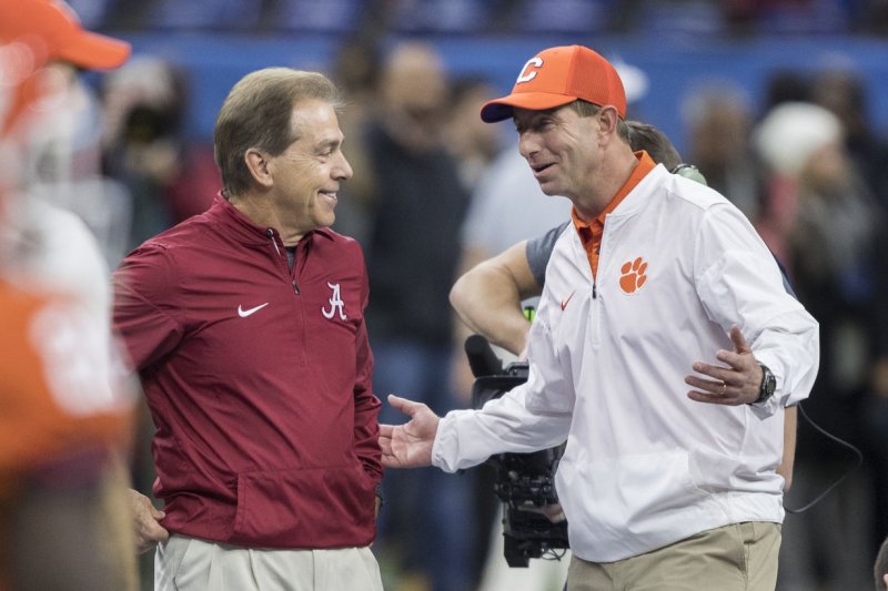 Clemson Tigers head coach Dabo Swinney (R) and Alabama Crimson Tide head coach Nick Saban meet at midfield before the Allstate Sugar Bowl on January 1, 2018 at the Mercedes-Benz Superdome in New Orleans. Photo by Mark Wallheiser/UPI