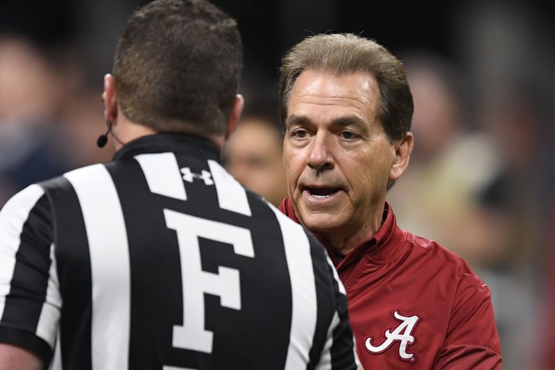 Coach Nick Saban and the top-ranked Alabama Crimson Tide shut down the Mississippi State Bulldogs on Saturday. Photo by David Tulis/UPI