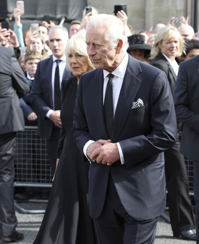 King Charles III and Queen Consort Camilla arrived at Royal Hillsborough and undertook a short walkabout outside the gates of Hillsborough Castle to view the floral tributes and meet with the general public on September 13. The pair will be coronated May 6. File Photo by WPA Pool/Royal Family/UPI