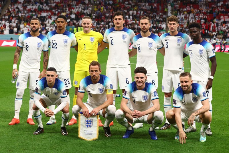 England pose for a team photograph ahead of the 2022 FIFA World Cup Round of 16 match at Al Bayt Stadium in Al Khor, Qatar on Sunday. Photo by Chris Brunskill/UPI