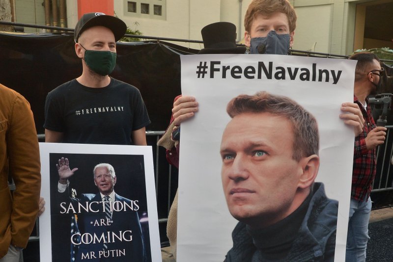Members of the local Russian community hold a demonstration in support of jailed opposition leader Alexei Navalny at the TCL Chinese Theatre in the Hollywood section of Los Angeles on February 6, 2021. Navalny's supporters say he is currently missing in the Russian prison system. File Photo by Jim Ruymen/UPI
