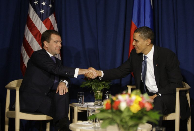 U.S. President Barack Obama (R) shakes hands with Russian President Dmitry Medvedev during a bilateral at the United Nations Climate Change Conference in Copenhagen, Denmark, on December 18, 2009. UPI/Anatoli Zhdanov