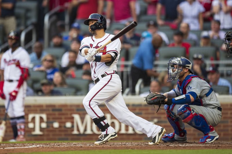 Atlanta Braves catcher Kurt Suzuki (24) singles to drive in two runs again the Los Angeles Dodgers during Game 4 of the National League Division Series on October 8 at Suntrust Park in Atlanta. Photo by Paul Abell/UPI