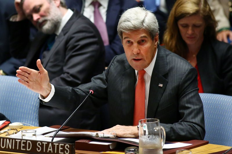 U.S Secretary of State John Kerry, seen here during a United Nations Security Council meeting in New York City on September 21, 2016, on Wednesday warned his Russian counterpart, Russian Foreign Minister Sergey Lavrov, that the United States is preparing to suspend plans to coordinate counter-terrorism efforts if Moscow does not stop attacking Aleppo. Photo by Monika Graff/UPI