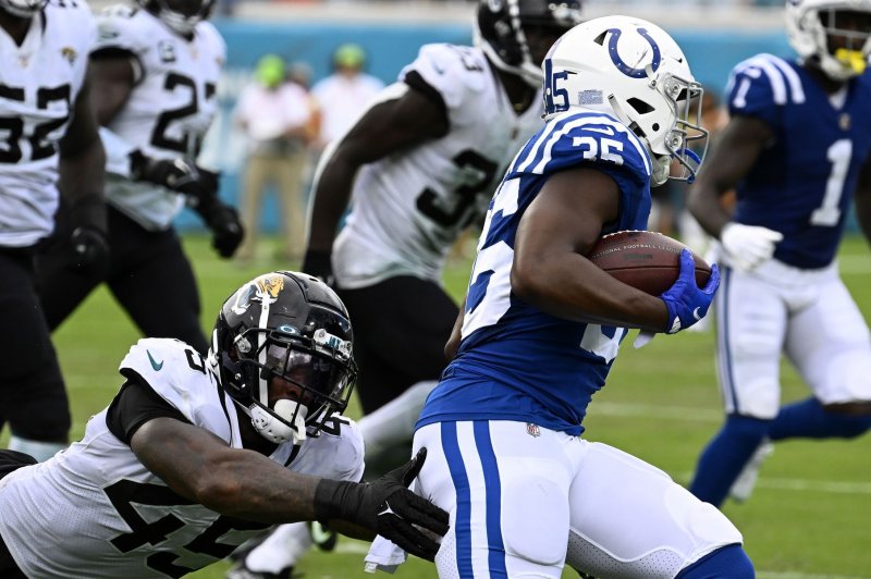 Indianapolis Colts running backs Deon Jackson (pictured), Zach Moss and Evan Hull are expected to split carries to start this 2023 season. File Photo by Joe Marino/UPI