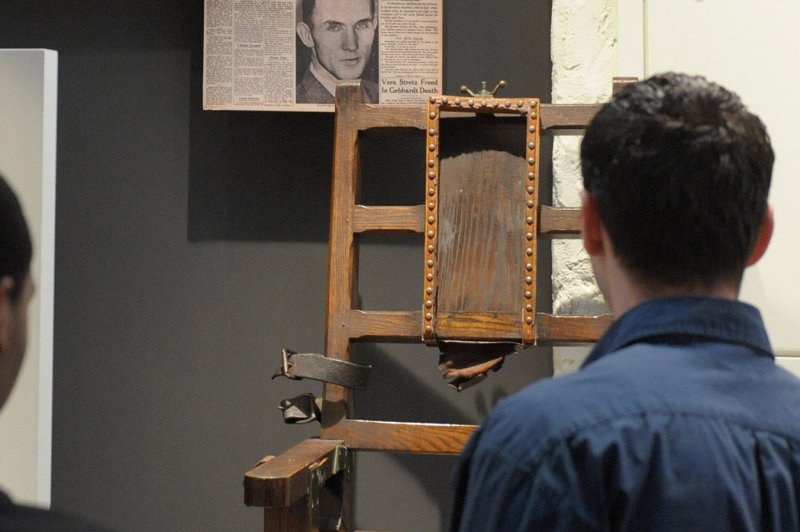 The electric chair used to put to death Bruno Hauptmann, who was convicted of kidnapping Charles Lindbergh's baby. (UPI Photo/Roger L. Wollenberg)