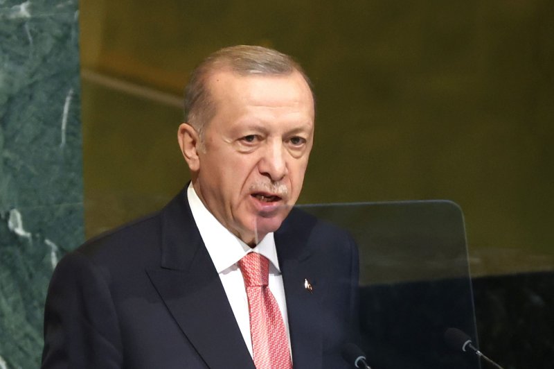 President of the Republic of Turkey Recep Tayyip Erdogan speaks at the United Nations Headquarters on Sept. 20, 2022, in New York City. File Photo by John Angelillo/UPI