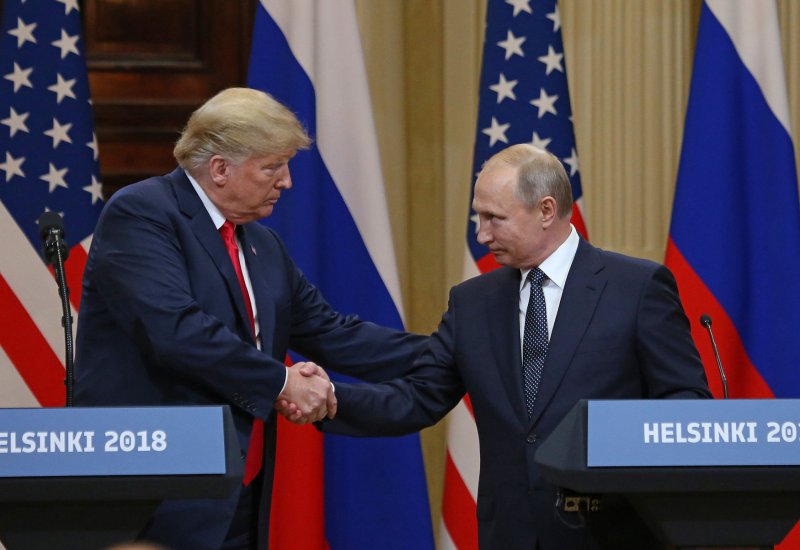 U.S. President Donald Trump (L) and Russian President Vladimir Putin seen during a joint press conference at the Presidential Palace in Helsinki, Finland, last summer have both suspended participation in the Intermediate-Range Nuclear Forces Treaty. File Photo by David Silpa/UPI