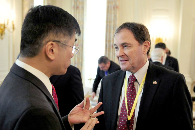 Utah Republican Governor Gary R. Herbert, right, and United States Secretary of Veterans Affairs Eric Shenseki, left, share some thoughts prior to U.S. President Barack Obama and Vice President Joe Biden hosting a meeting with a bipartisan group of governors in the State Dining Room of the White House in Washington, D.C. on Monday, February 28, 2010. File Photo by Ron Sachs/UPI.