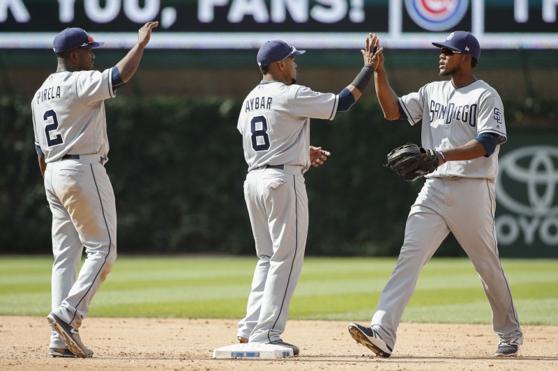 San Diego Padres Jose Pirela (L) Erick Aybar (C) and Franchy Cordero (R) celebrate their win against the Chicago Cubs at Wrigley Field on June 21, 2017 in Chicago. Photo by Kamil Krzaczynski/UPI