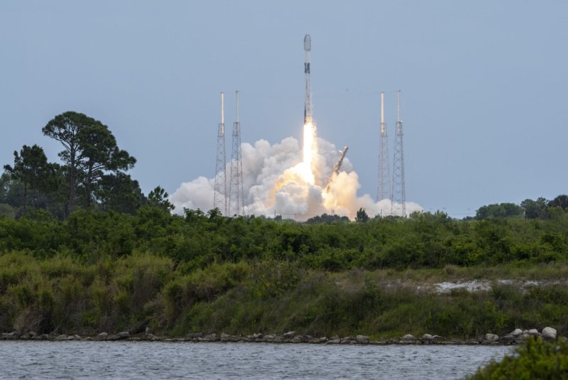 A SpaceX Falcon 9 with 53 Starlink satellites launches from the Cape Canaveral Space Station in Cape Canaveral, Fla., on Thursday. Photo by Pat Benic/UPI