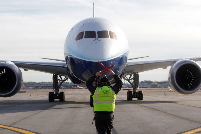 A Boeing 787 Dreamliner is guided to a stop at Lambert -St. Louis International Airport during a media tour in St. Louis on January 30, 2012. UPI/Bill Greenblatt