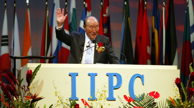 Unification Church founder Reverend Sun Myung Moon, seen in this October 3, 2003 file photo delivering the Founder's Address at the Inauguration of the Interreligious and International Peace Council in New York, has died today at the age of 92 from pneumonia, September 2, 2012. The religious leader died Sunday at a hospital near his home in Gapyeong, north east of Seoul, South Korea. UPI/Laura Cavanaugh/File Photo