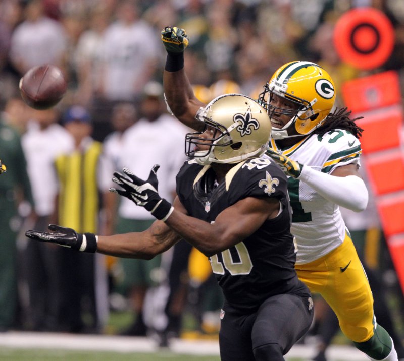 New Orleans Saints wide receiver Brandin Cooks (10) has a long Drew Brees pass knocked away by Green Bay Packers cornerback Davon House (31) in 2014. House is coming back to Green Bay after two years. UPI/A.J. Sisco