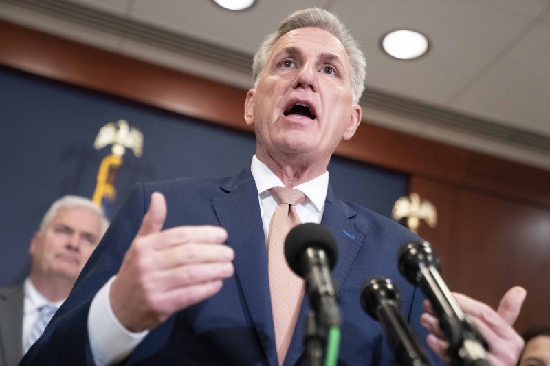 House Speaker Kevin McCarthy unveiled Republicans' plan Wednesday to raise the debt ceiling by $1.5 trillion and cut government spending before this summer's default deadline. File Photo by Bonnie Cash/UPI