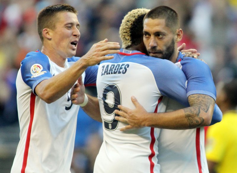 USA's Clint Dempsey, right, and Matt Besler (5) rush in to hug Gyasi Zardes (9) after he scored a goal against Ecuador in a 2016 Copa America Centenario soccer quarterfinals on June 16. Dempsey and Besler are on the 2016 Major League Soccer All-Star team for a match against Arsenal. File photo by Jim Bryant/ UPI | <a href="/News_Photos/lp/7c43f1deed08e30d4430ce74c3ff3e15/" target="_blank">License Photo</a>